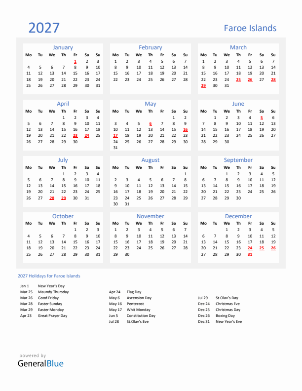 Basic Yearly Calendar with Holidays in Faroe Islands for 2027 