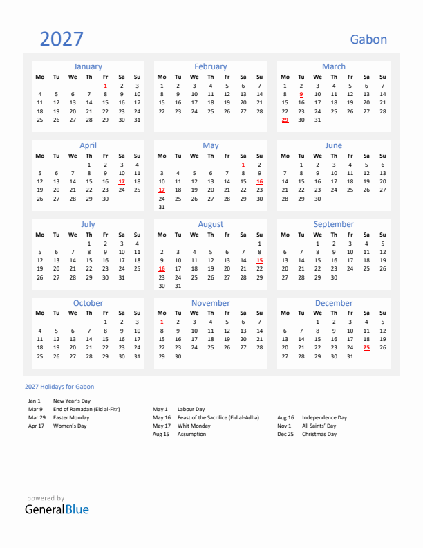 Basic Yearly Calendar with Holidays in Gabon for 2027 