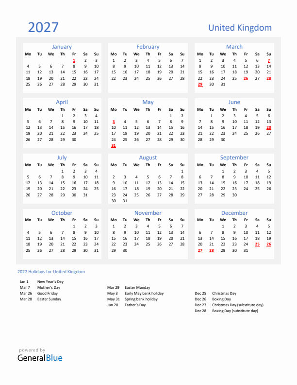 Basic Yearly Calendar with Holidays in United Kingdom for 2027 