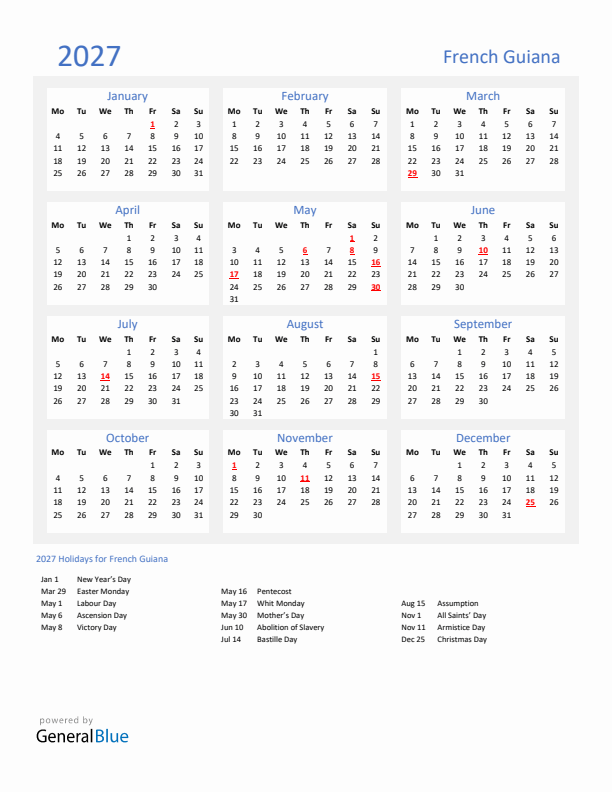 Basic Yearly Calendar with Holidays in French Guiana for 2027 