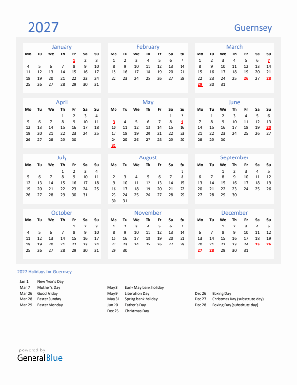 Basic Yearly Calendar with Holidays in Guernsey for 2027 