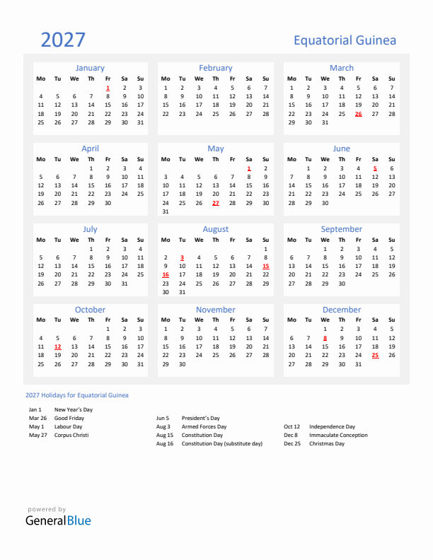 Basic Yearly Calendar with Holidays in Equatorial Guinea for 2027 