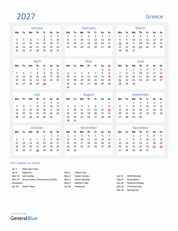 Basic Yearly Calendar with Holidays in Greece for 2027 