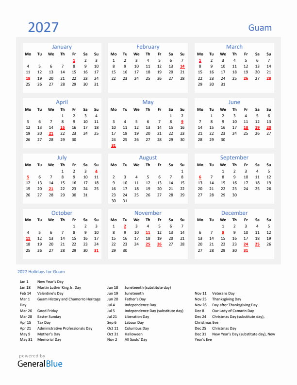 Basic Yearly Calendar with Holidays in Guam for 2027 