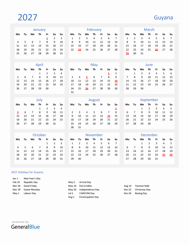 Basic Yearly Calendar with Holidays in Guyana for 2027 