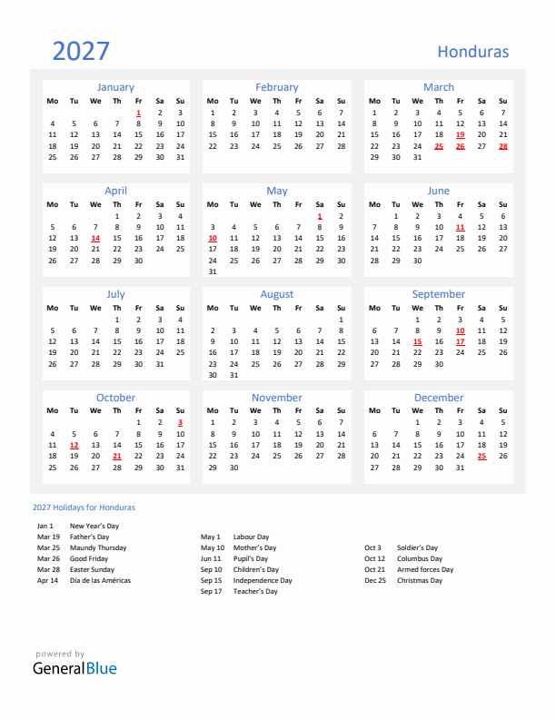Basic Yearly Calendar with Holidays in Honduras for 2027 