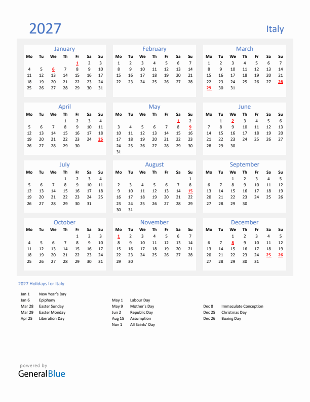 Basic Yearly Calendar with Holidays in Italy for 2027 