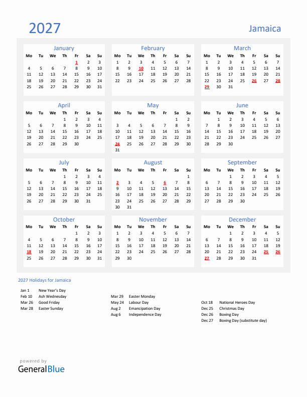 Basic Yearly Calendar with Holidays in Jamaica for 2027 