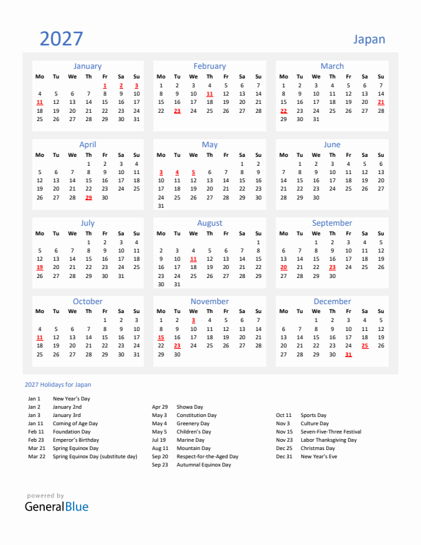 Basic Yearly Calendar with Holidays in Japan for 2027 