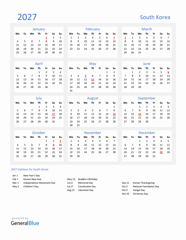 Basic Yearly Calendar with Holidays in South Korea for 2027 