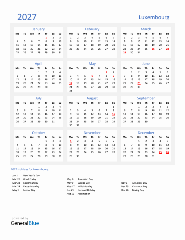 Basic Yearly Calendar with Holidays in Luxembourg for 2027 