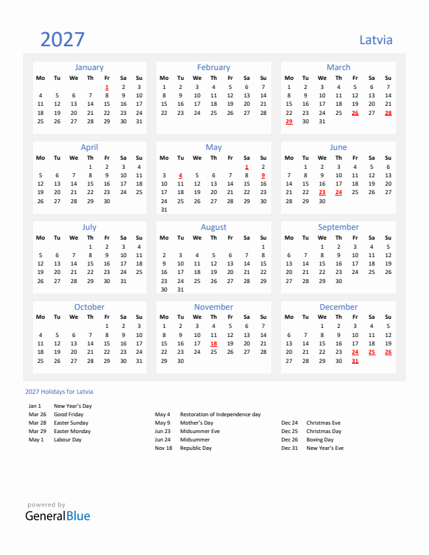 Basic Yearly Calendar with Holidays in Latvia for 2027 