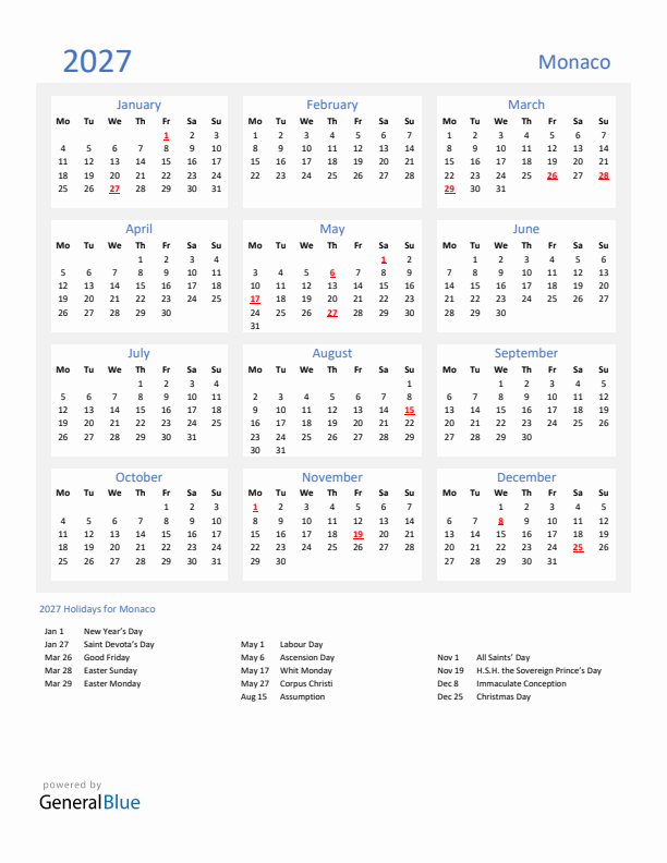 Basic Yearly Calendar with Holidays in Monaco for 2027 