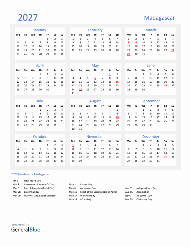 Basic Yearly Calendar with Holidays in Madagascar for 2027 