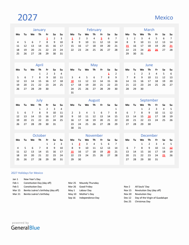 Basic Yearly Calendar with Holidays in Mexico for 2027 