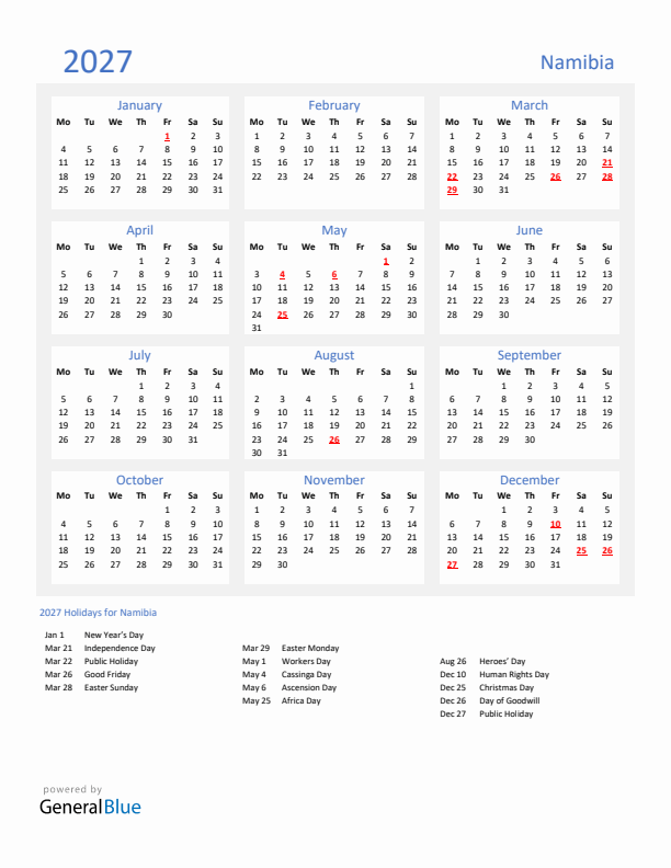 Basic Yearly Calendar with Holidays in Namibia for 2027 