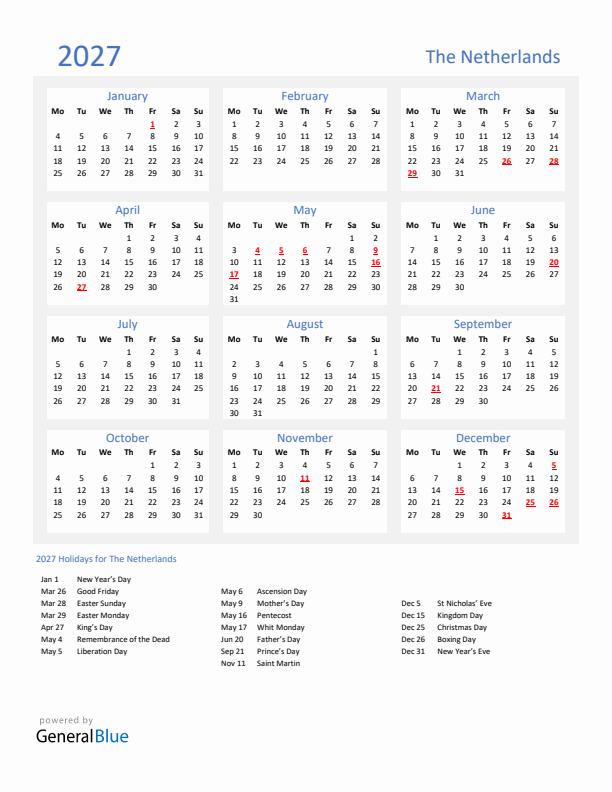 Basic Yearly Calendar with Holidays in The Netherlands for 2027 
