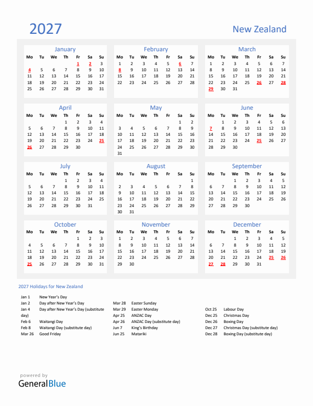 Basic Yearly Calendar with Holidays in New Zealand for 2027 