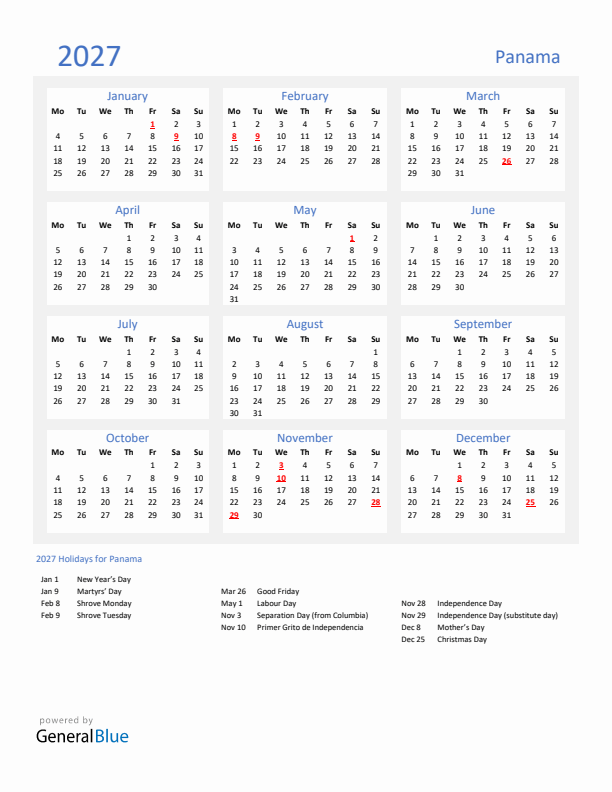 Basic Yearly Calendar with Holidays in Panama for 2027 