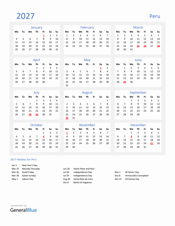 Basic Yearly Calendar with Holidays in Peru for 2027 
