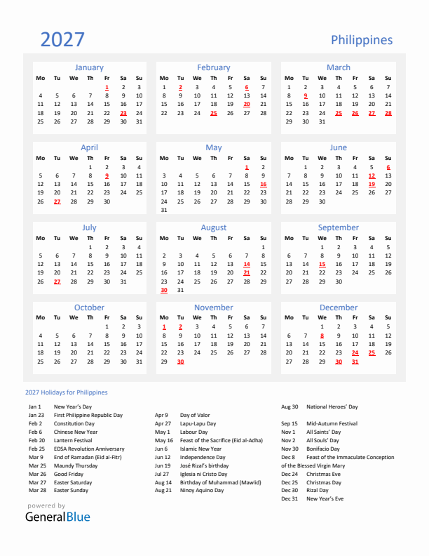 Basic Yearly Calendar with Holidays in Philippines for 2027 