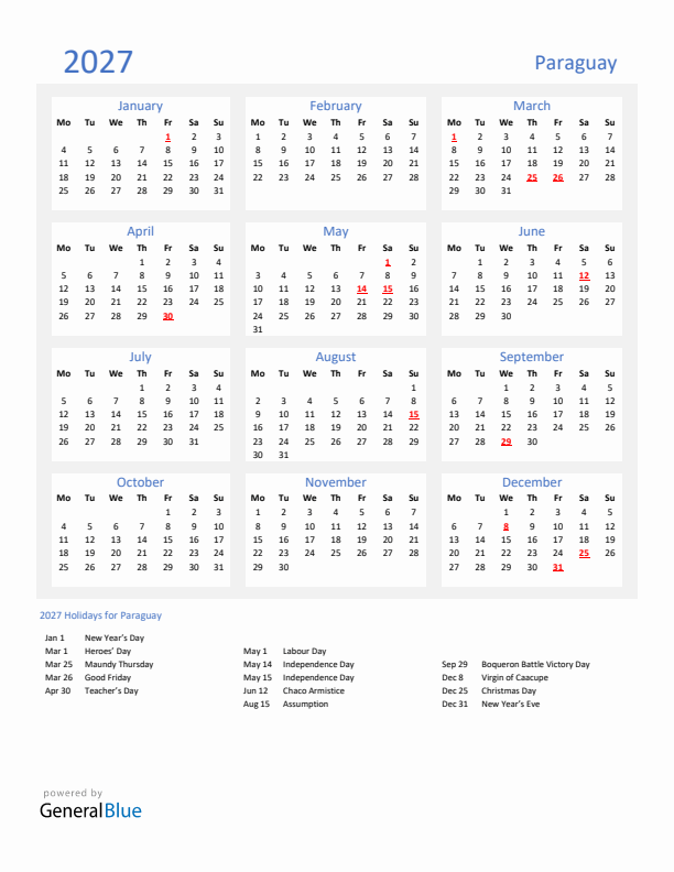 Basic Yearly Calendar with Holidays in Paraguay for 2027 
