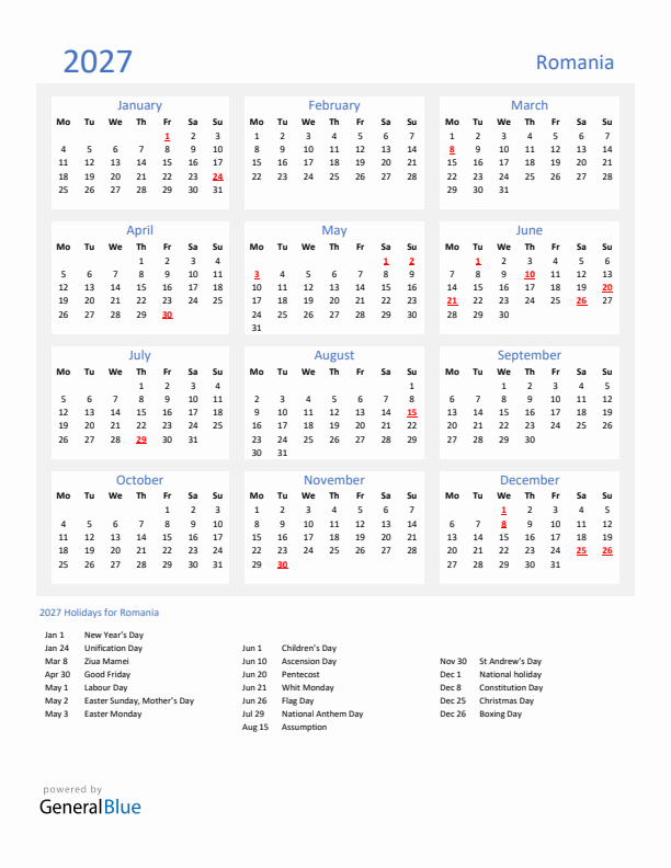 Basic Yearly Calendar with Holidays in Romania for 2027 