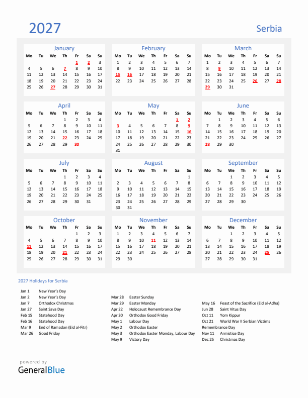Basic Yearly Calendar with Holidays in Serbia for 2027 