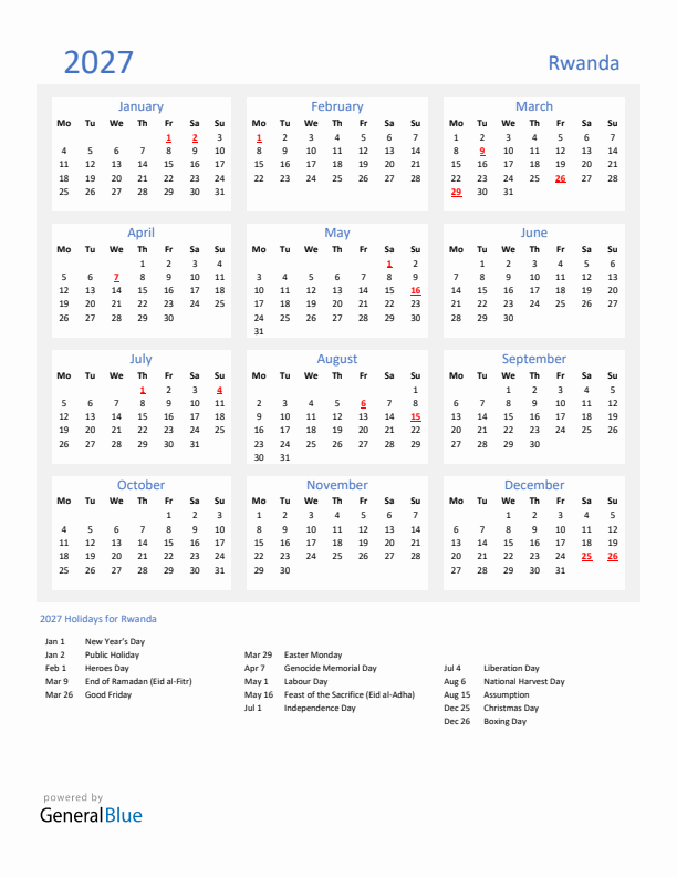 Basic Yearly Calendar with Holidays in Rwanda for 2027 