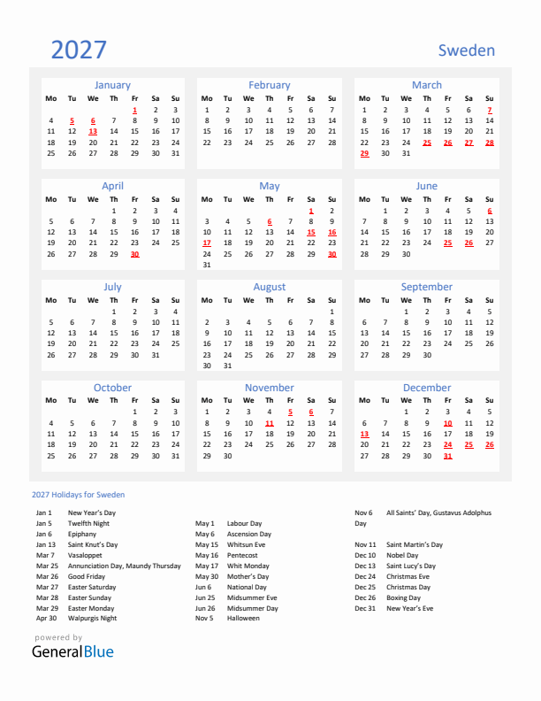 Basic Yearly Calendar with Holidays in Sweden for 2027 