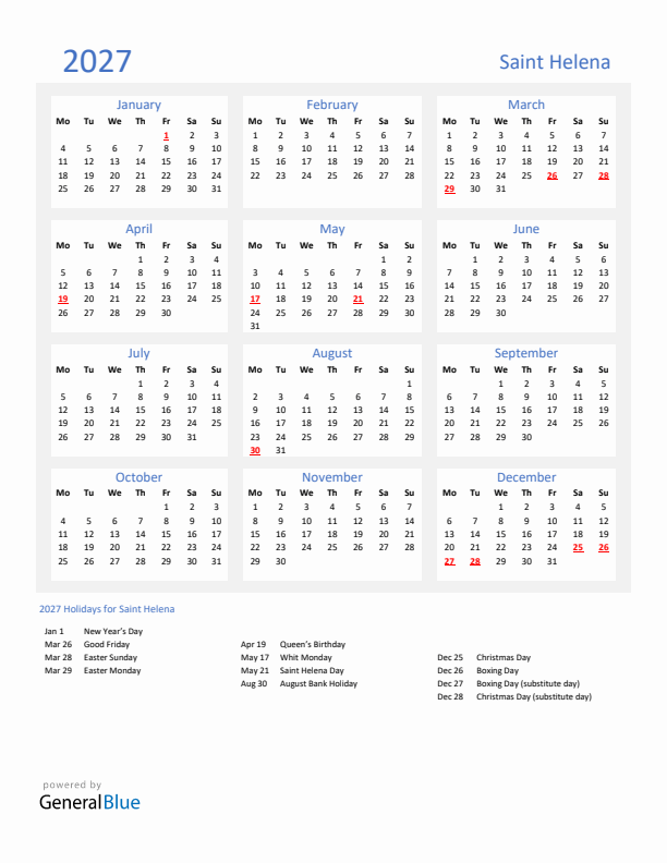 Basic Yearly Calendar with Holidays in Saint Helena for 2027 