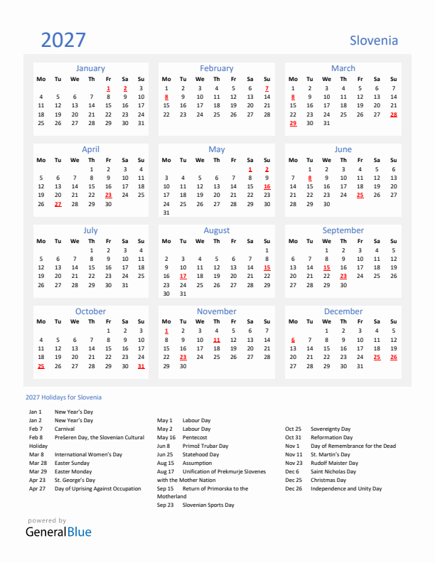 Basic Yearly Calendar with Holidays in Slovenia for 2027 