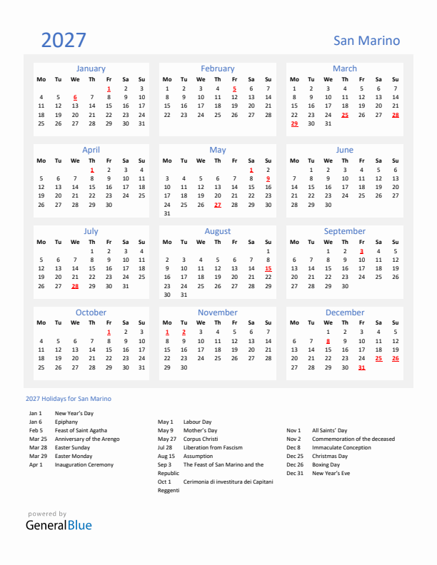 Basic Yearly Calendar with Holidays in San Marino for 2027 
