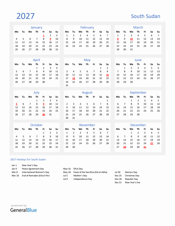 Basic Yearly Calendar with Holidays in South Sudan for 2027 