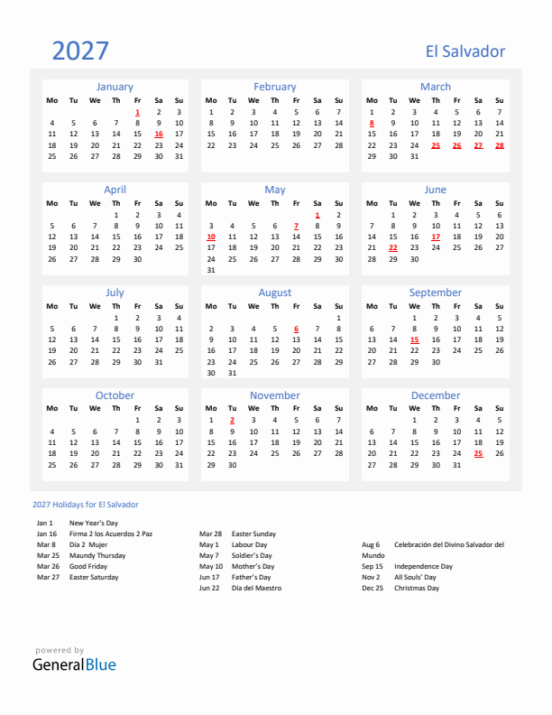 Basic Yearly Calendar with Holidays in El Salvador for 2027 
