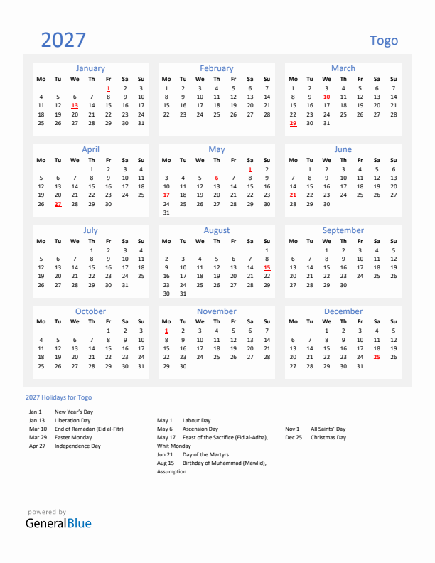 Basic Yearly Calendar with Holidays in Togo for 2027 