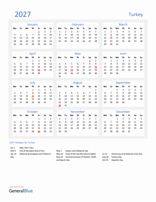 Basic Yearly Calendar with Holidays in Turkey for 2027 