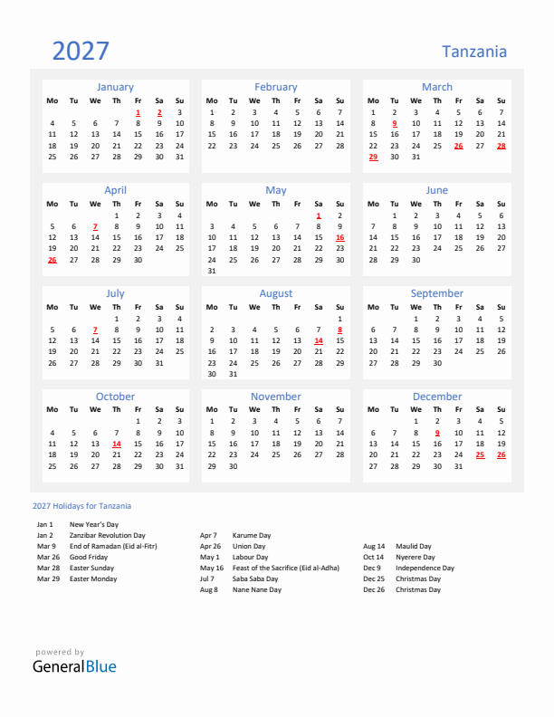 Basic Yearly Calendar with Holidays in Tanzania for 2027 
