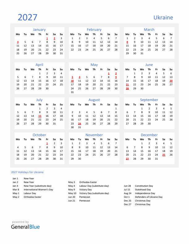 Basic Yearly Calendar with Holidays in Ukraine for 2027 