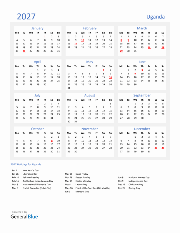 Basic Yearly Calendar with Holidays in Uganda for 2027 