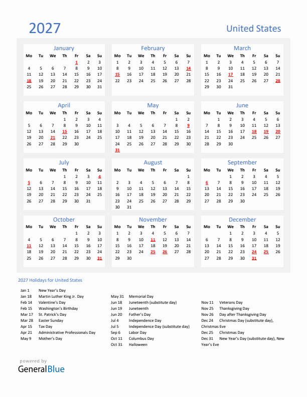Basic Yearly Calendar with Holidays in United States for 2027 