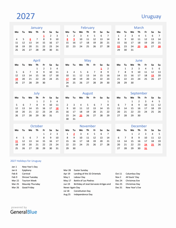 Basic Yearly Calendar with Holidays in Uruguay for 2027 