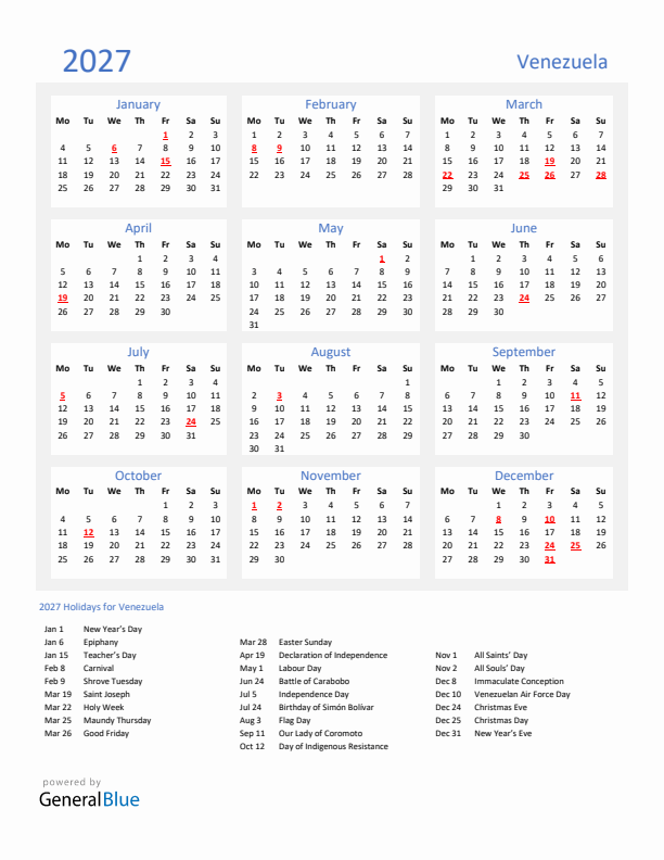 Basic Yearly Calendar with Holidays in Venezuela for 2027 
