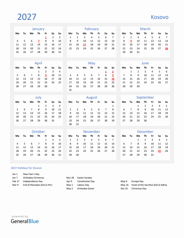 Basic Yearly Calendar with Holidays in Kosovo for 2027 