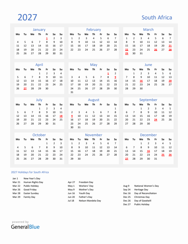 Basic Yearly Calendar with Holidays in South Africa for 2027 
