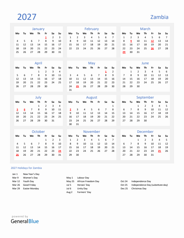 Basic Yearly Calendar with Holidays in Zambia for 2027 