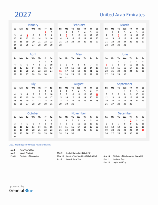Basic Yearly Calendar with Holidays in United Arab Emirates for 2027 