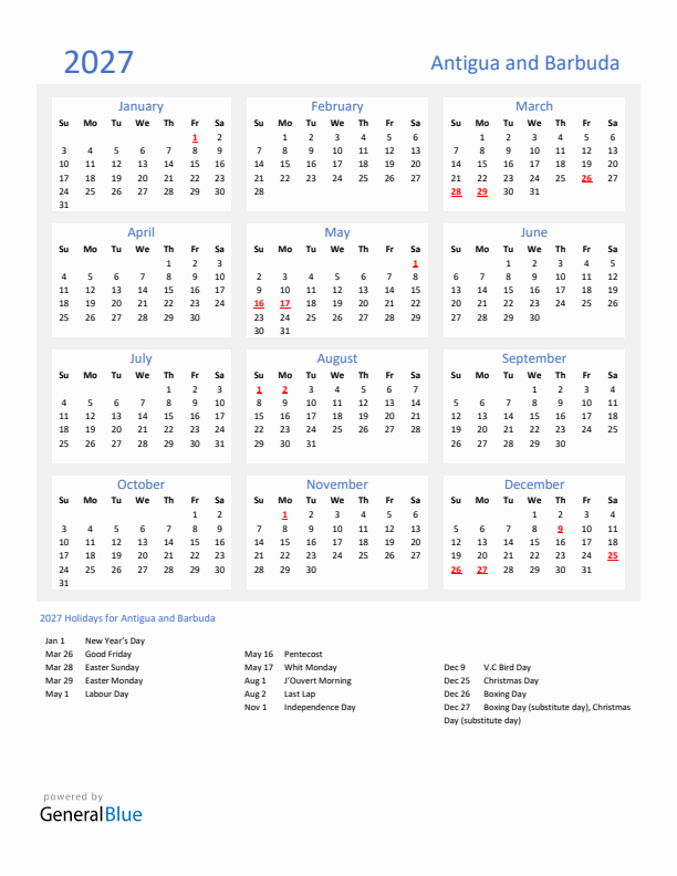 Basic Yearly Calendar with Holidays in Antigua and Barbuda for 2027 