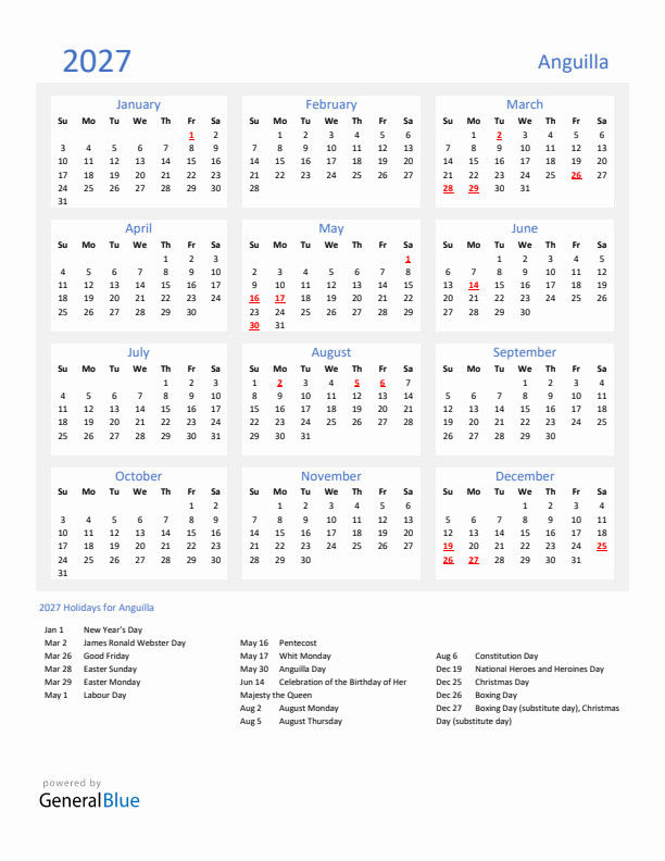 Basic Yearly Calendar with Holidays in Anguilla for 2027 