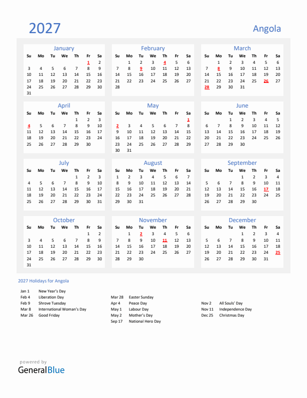 Basic Yearly Calendar with Holidays in Angola for 2027 